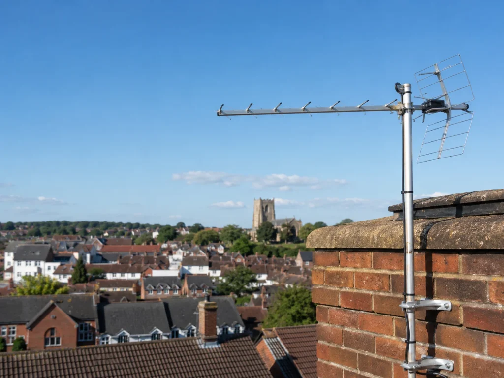 Rooftop TV aerial with Atherstone town view
